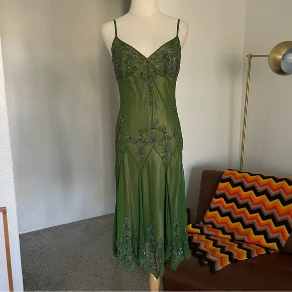 Grünes Vintage-Mode-elegantes, exquisites, perlenbesetztes, langes Chiffon-Hosenträgerkleid mit Blumenstickerei, Ballkleid, Abendkleid, Partykleid, Abschlussballkleid gh3720