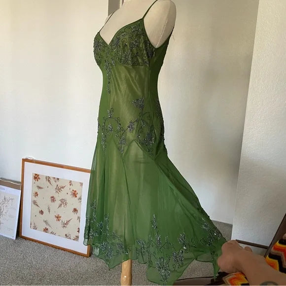 Grünes Vintage-Mode-elegantes, exquisites, perlenbesetztes, langes Chiffon-Hosenträgerkleid mit Blumenstickerei, Ballkleid, Abendkleid, Partykleid, Abschlussballkleid gh3720