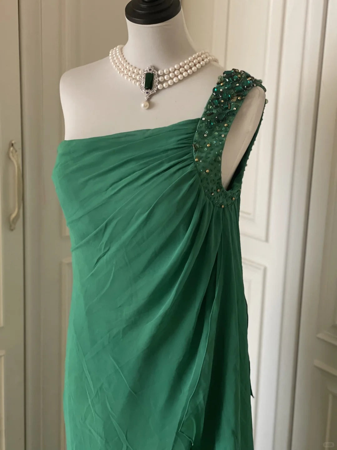 💚Grünes, perlenbesetztes Vintage-Kleid mit einer Schulter, stilvolles langes Chiffon-Kleid für Hochzeitsgäste, Ballkleid, Abendkleid, Gatsby-Beauty-Partykleid, gh4391