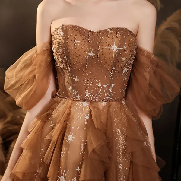 Champagner glänzendes elegantes langes Ballkleid aus Tüll mit mehreren Lagen gh2226