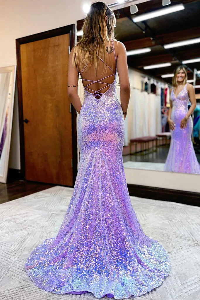 Lavender fashion V-neck shiny sequins long prom dress evening gown gh2256