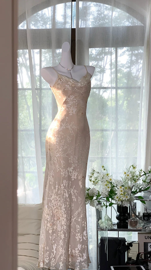 Rosa geblümtes Ballkleid, langes Chiffon-Date-Kleid, Abendkleid, Geburtstagskleid, Hochzeitskleid, Stil, Kernästhetik, gh4530