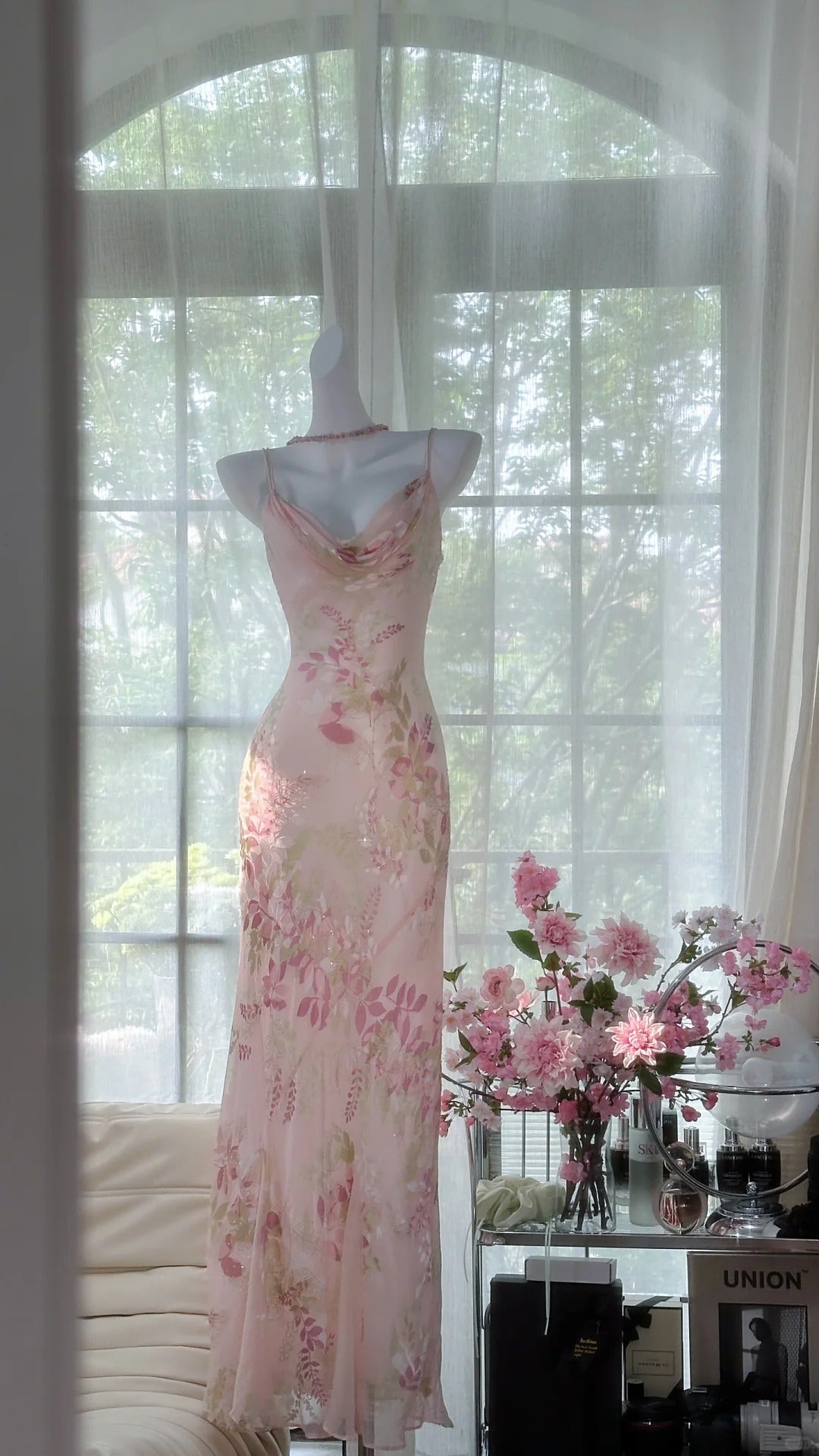 Rosa Zartes Blumen Langes Chiffon Ballkleid Abendkleid Partykleid Geburtstagskleid Date Kleid gh4161