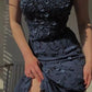 Marineblaue Vintage Spaghettiträger Elegante zarte Blumenperlen Langes Ballkleid Abendkleid Meerjungfrau Geburtstagsparty Kleid Abschlussballkleid gh2940