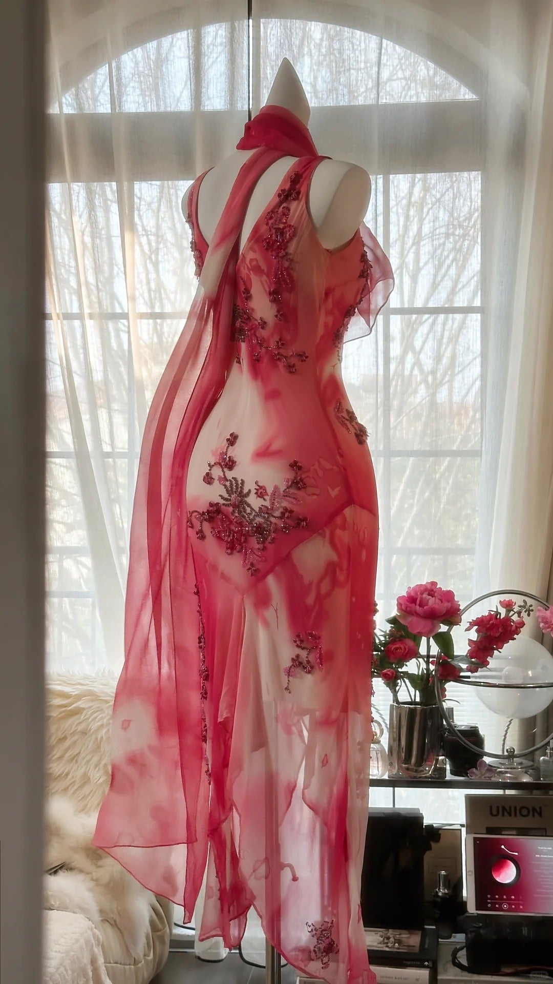 Rosa Wunderschöne Elegante Romantische Exquisite Perlen Blühende Lange Chiffon Ballkleid Abendkleid Geburtstag/Hochzeit Gast Party Kleid gh4018