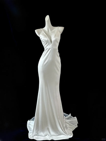 Weißes Meerjungfrau-Kleid, elegant, lang, Satin, Ballkleid, Abendkleid, Partykleid, gh4474