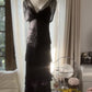 Robe de soirée longue en mousseline de soie, élégante et perlée, noire, à volants, gh4751