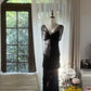 Robe de soirée longue en mousseline de soie, élégante et perlée, noire, à volants, gh4751