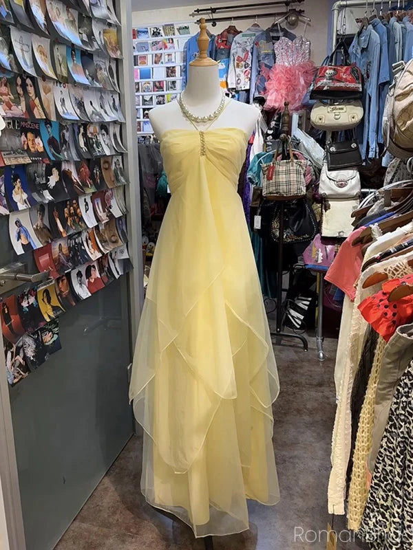 Robe de soirée longue en mousseline de soie, élégante et jaune, sans manches, coupe trapèze, en tulle, pour demoiselle d'honneur, robe de soirée pour invité de mariage, gh4116