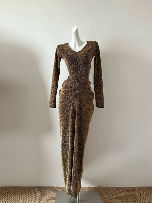 Robe de soirée élégante à manches longues et paillettes, style sexy et tendance, marron, brillante, exquise, perlée, gh4040