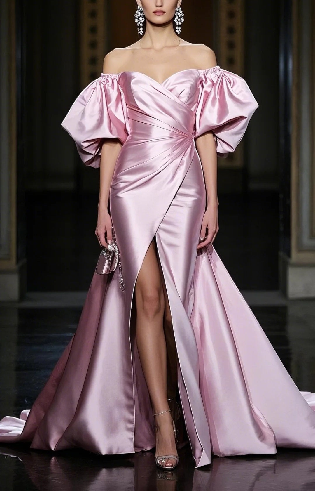 Robe de soirée longue en satin rose gh4788