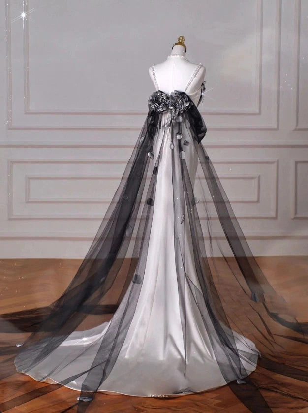 Girlhomeshops-White simple and fashionable satin long dress, black tulle dress, long mermaid floor-length dress with train gh5387