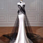 Girlhomeshops-White simple and fashionable satin long dress, black tulle dress, long mermaid floor-length dress with train gh5387