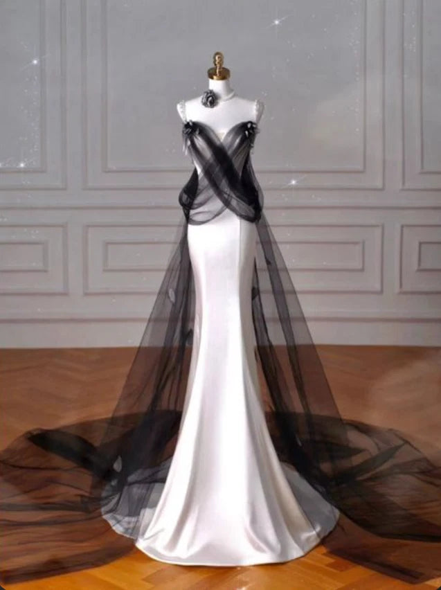 Girlhomeshops-White simple and fashionable satin long dress, black tulle dress, long mermaid floor-length dress with train gh5387