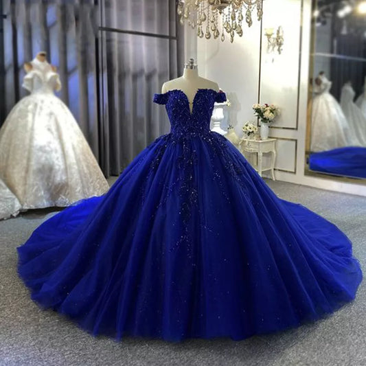 Blue Off Shoulder Lace Applique A-Line Long Ball Gown Evening Gown Bridal Gown Wedding Dress gh3103