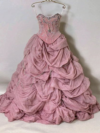 Girlhomeshops - Wunderschönes, funkelndes, elegantes, langes Ballkleid aus Tüll in Rosa, gh5320