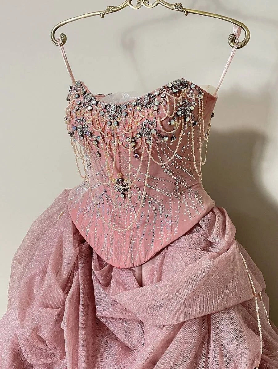 Girlhomeshops - Wunderschönes, funkelndes, elegantes, langes Ballkleid aus Tüll in Rosa, gh5320