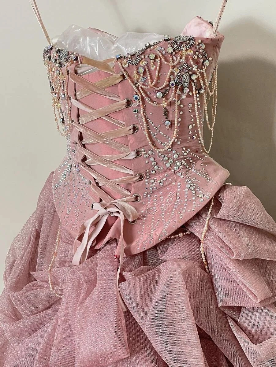 Girlhomeshops - Wunderschönes, funkelndes, elegantes, langes Ballkleid aus Tüll in Rosa, gh5320