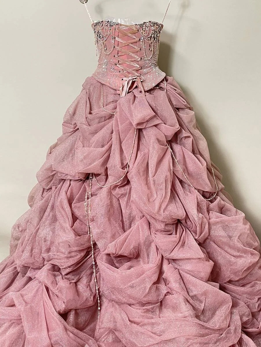 Girlhomeshops - Wunderschönes, funkelndes, elegantes, langes Ballkleid aus Tüll in Rosa, gh5320
