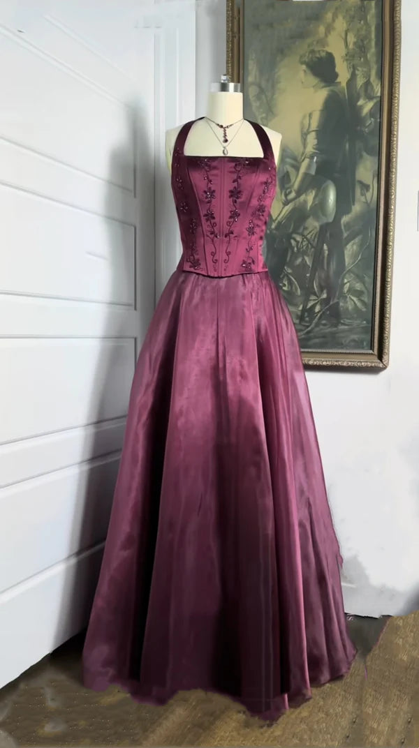 Burgunderrotes, elegantes, glänzendes, mit Perlen besetztes, langes Tüll-Ballkleid, Abendkleid, Partykleid gh3457