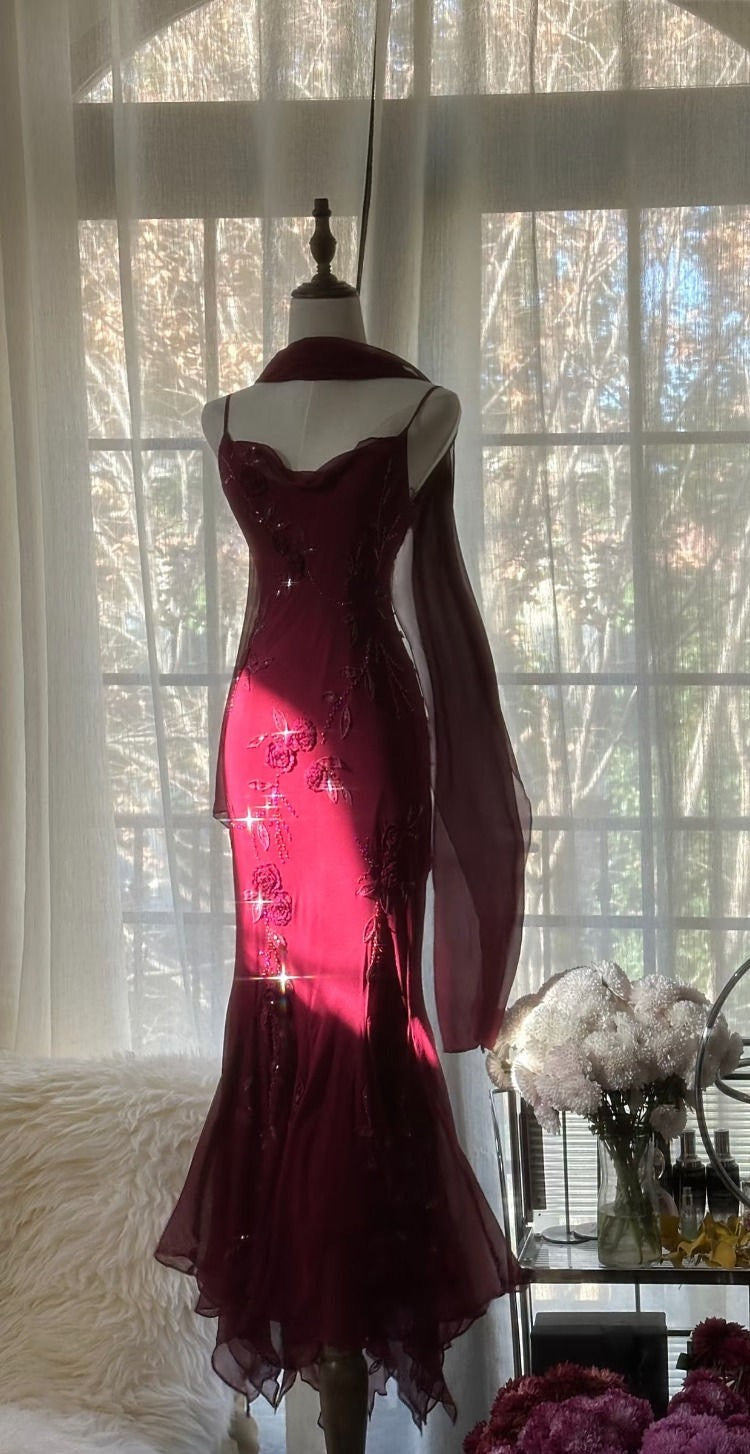 Rotes Blumenmuster Perlen elegantes langes Chiffon Ballkleid Abendkleid Partykleid gh4761