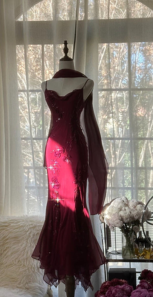 Rotes Blumenmuster Perlen elegantes langes Chiffon Ballkleid Abendkleid Partykleid gh4761