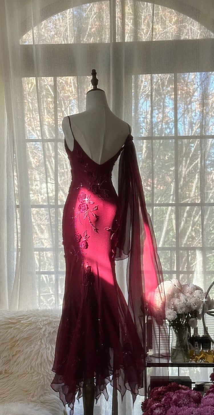 Rotes Blumenmuster Perlen elegantes langes Chiffon Ballkleid Abendkleid Partykleid gh4761