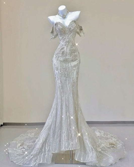 Weiß Fashion Wunderschöne Einzigartige Perlen Meerjungfrau Lange Off-schulter Pailletten Kurzarm Brautkleid Brautkleid gh4303