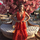 Deep V neck orange A-line long tiered ball gown evening dress gh2810