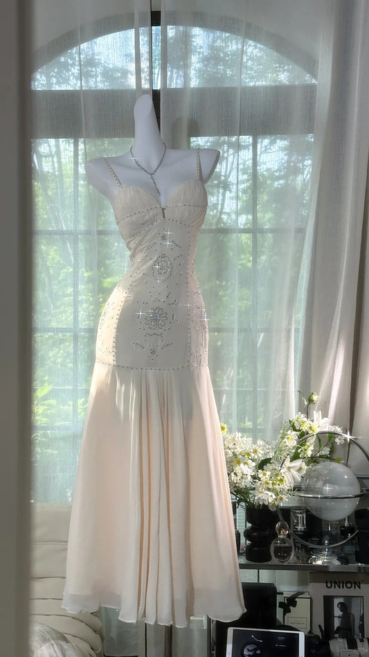 Girlhomeshops-Weißes, perlenbesetztes, elegantes Spaghettiträger-Lang-Chiffon-Ballkleid, Abendkleid, Partykleid, Date-Kleid, gh5082