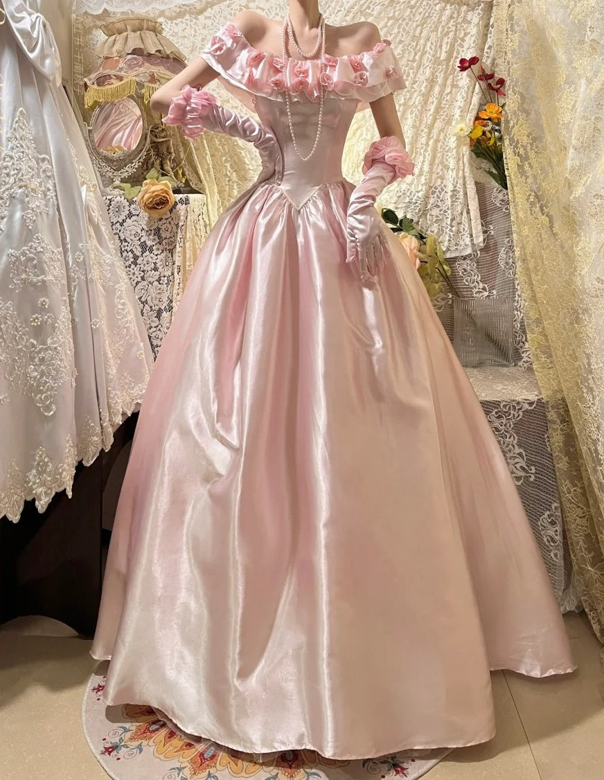 Robe de soirée longue en satin rose, élégante, vintage, à fleurs, avec perles, à la mode, robe de bal, robe de remise de diplôme, robe d'anniversaire, robe de Quinceañera, gh4259