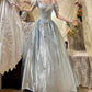 Blue Vintage Elegant Floral Long Satin Floor Length Ball Gown Evening Dress gh4415