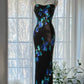 Schwarzes romantisches elegantes zartes blaues Blumenperlen-Lang-Chiffon-Ballkleid-Abendkleid-Geburtstags-Urlaubs-Hochzeitsgast-Partykleid-Abschlussballkleid gh4010