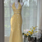 Robe de soirée longue en mousseline de soie jaune brillante et perlée gh4745