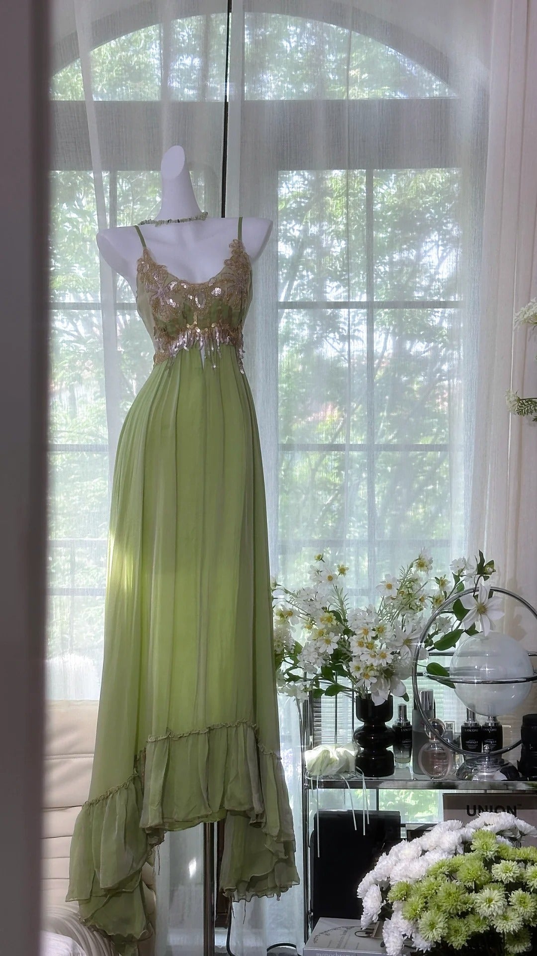 Grüne glänzende Pailletten romantische elegante lange Chiffon Ballkleid Abendkleid Partykleid Datum Kleid gh4614