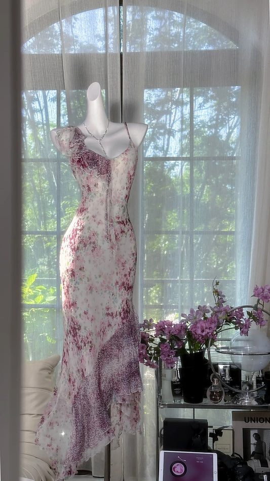 Lila florales Vintage Perlen Chiffon langes Ballkleid Abendkleid Partykleid gh4820