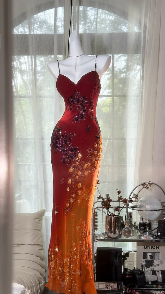 Burgunderrotes, orangefarbenes Ballkleid mit Blumenmuster, lang, Chiffon, für Verabredungen, Abendkleid, Geburtstagskleid, Hochzeitskleid, gh4532