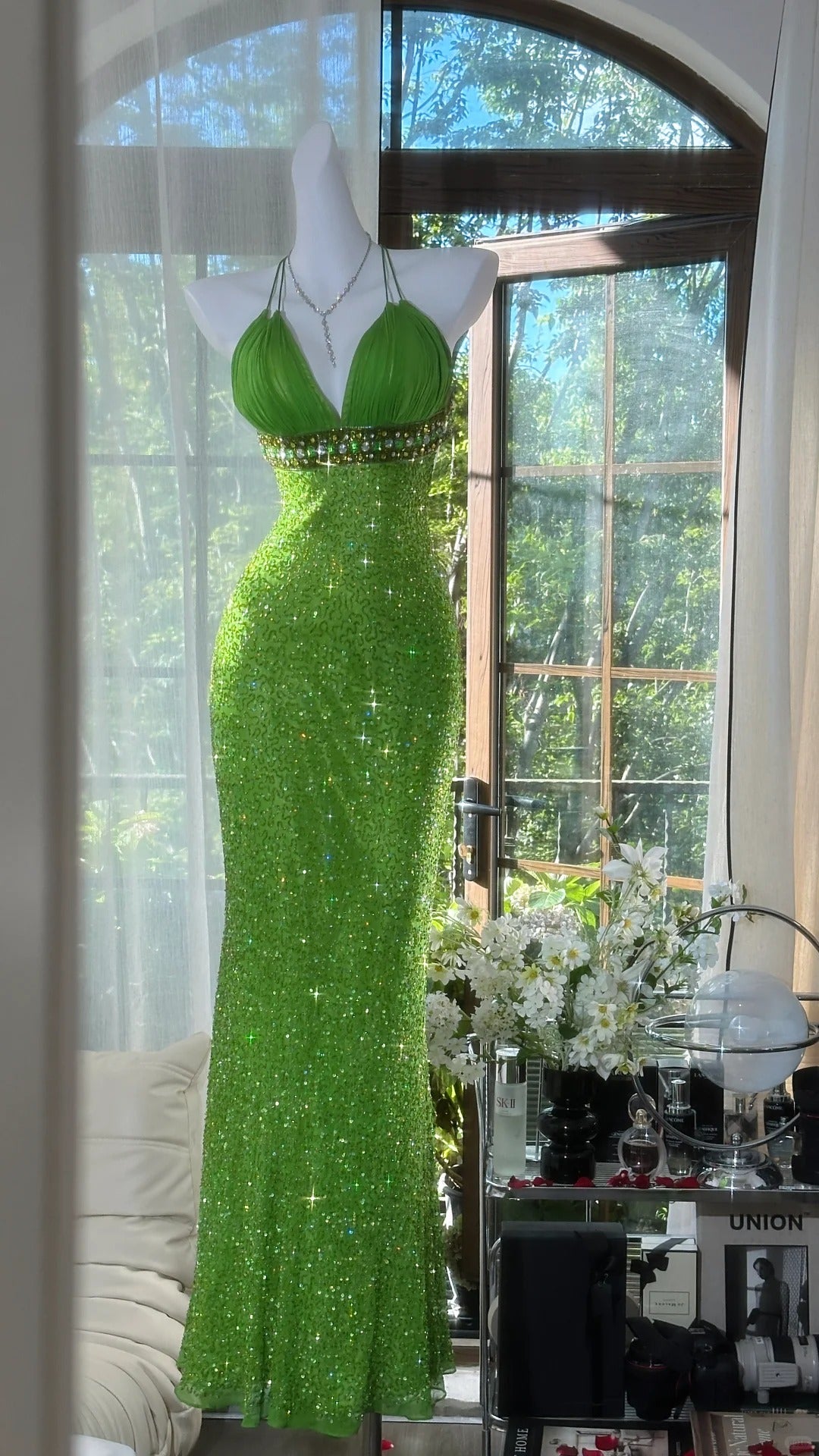 ✨Girlhomeshops-Robe de soirée longue en mousseline de soie, verte, brillante et exquise, magnifique, gh4988