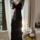Robe de soirée longue en mousseline de soie, élégante et perlée, noire, à volants, gh4751