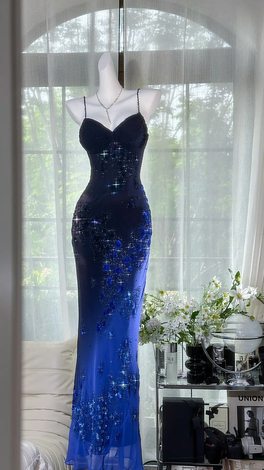 Robe de soirée longue en mousseline de soie, motif floral, romantique et exquis, bleu, gh4878