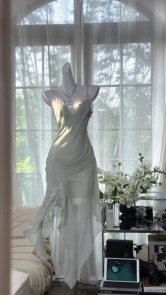 Girlhomeshops-Mint Mambo Grün Vintage Langes Chiffon-Spitzen-Partykleid Date-Kleid gh5079