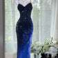 Girlhomeshops-Dark Blue Floral Beaded Elegant Spaghetti Strap Long Chiffon Prom Dress Evening Dress Party Dress Date Dress gh5083