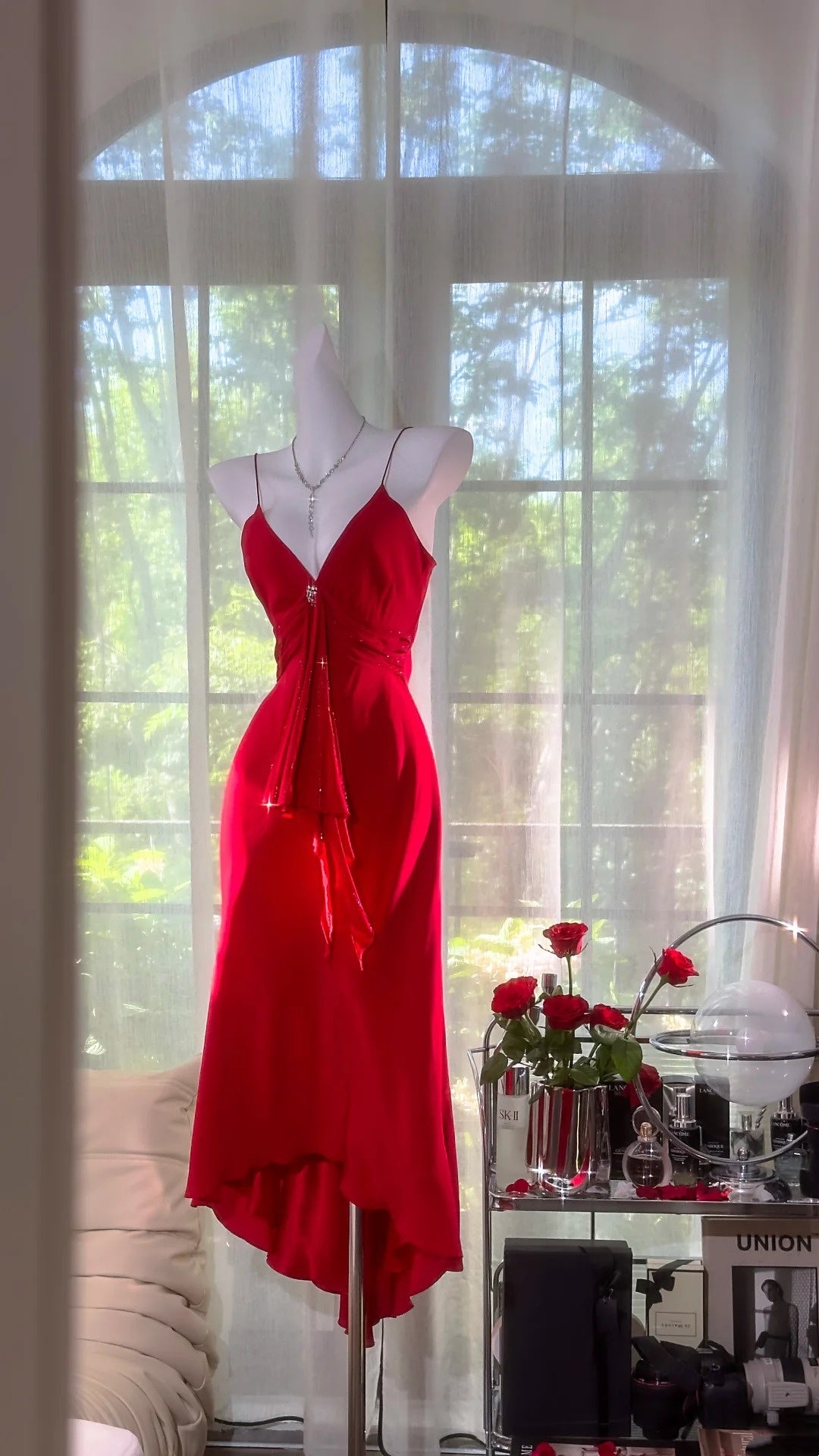 Rot Mode Sexy Elegante Satin Lange V-ausschnitt Ballkleid Abendkleid Hochzeit Party Kleid gh4845