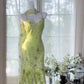Robe de soirée longue/courte en mousseline de soie, élégante et romantique, verte, gh4399