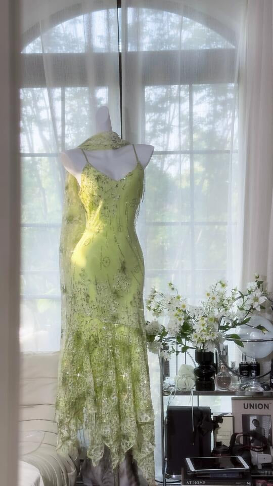 Robe de soirée longue/courte en mousseline de soie, élégante et romantique, verte, gh4399