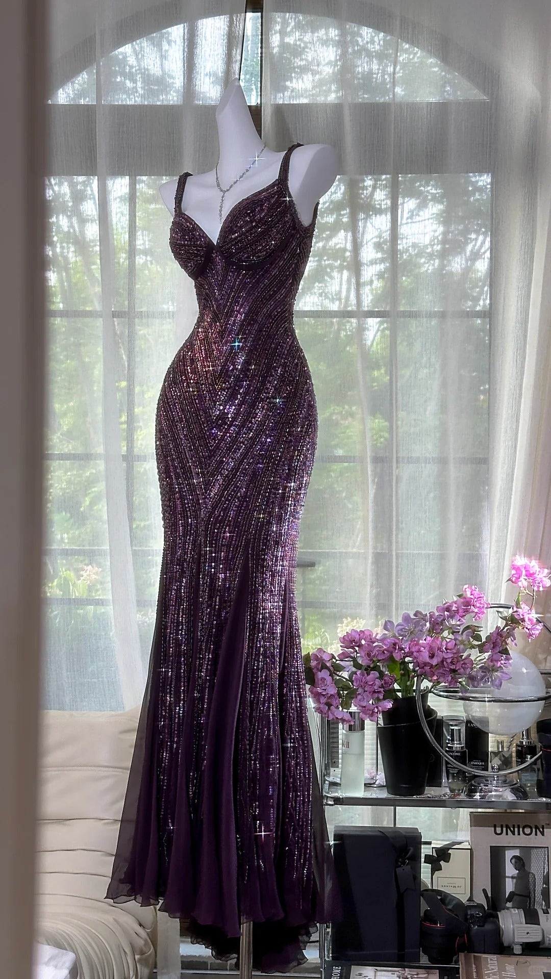 Robe de soirée longue et élégante, luxueuse et luxueuse, avec perles, style violet, gh4889