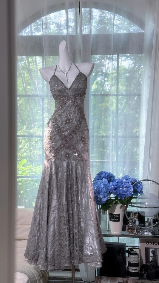 Girlhomeshops--Silver-gray exquisite beaded long vintage lace fishtail prom dress gh5470