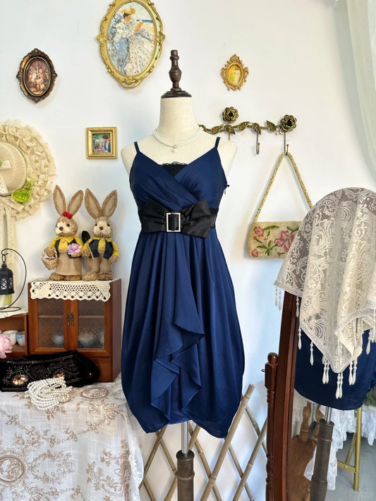 Girlhomeshops-Navy blue bow vintage short satin homecoming dress birthday dress gh5221