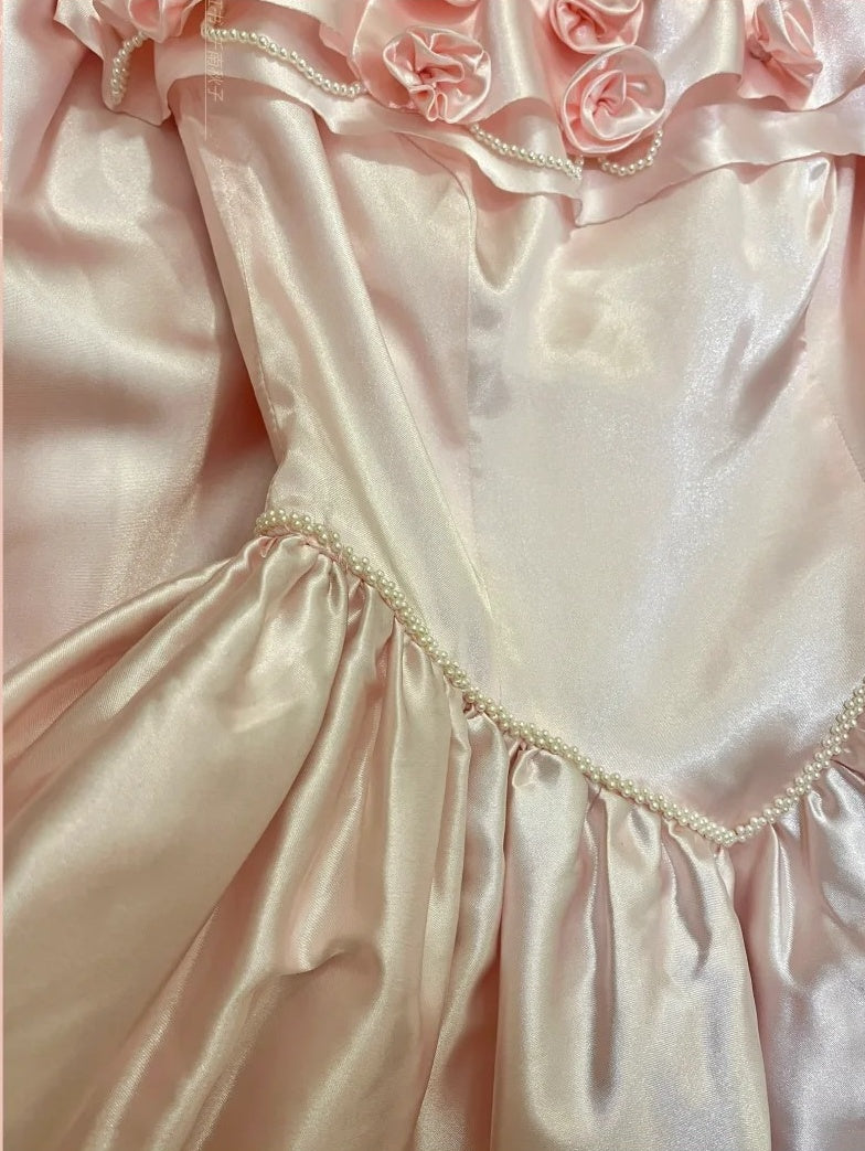 Robe de soirée longue en satin rose, élégante, vintage, à fleurs, avec perles, à la mode, robe de bal, robe de remise de diplôme, robe d'anniversaire, robe de Quinceañera, gh4259