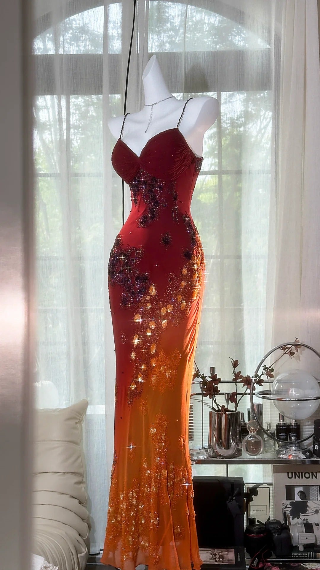 Burgunderrotes, orangefarbenes Ballkleid mit Blumenmuster, lang, Chiffon, für Verabredungen, Abendkleid, Geburtstagskleid, Hochzeitskleid, gh4532